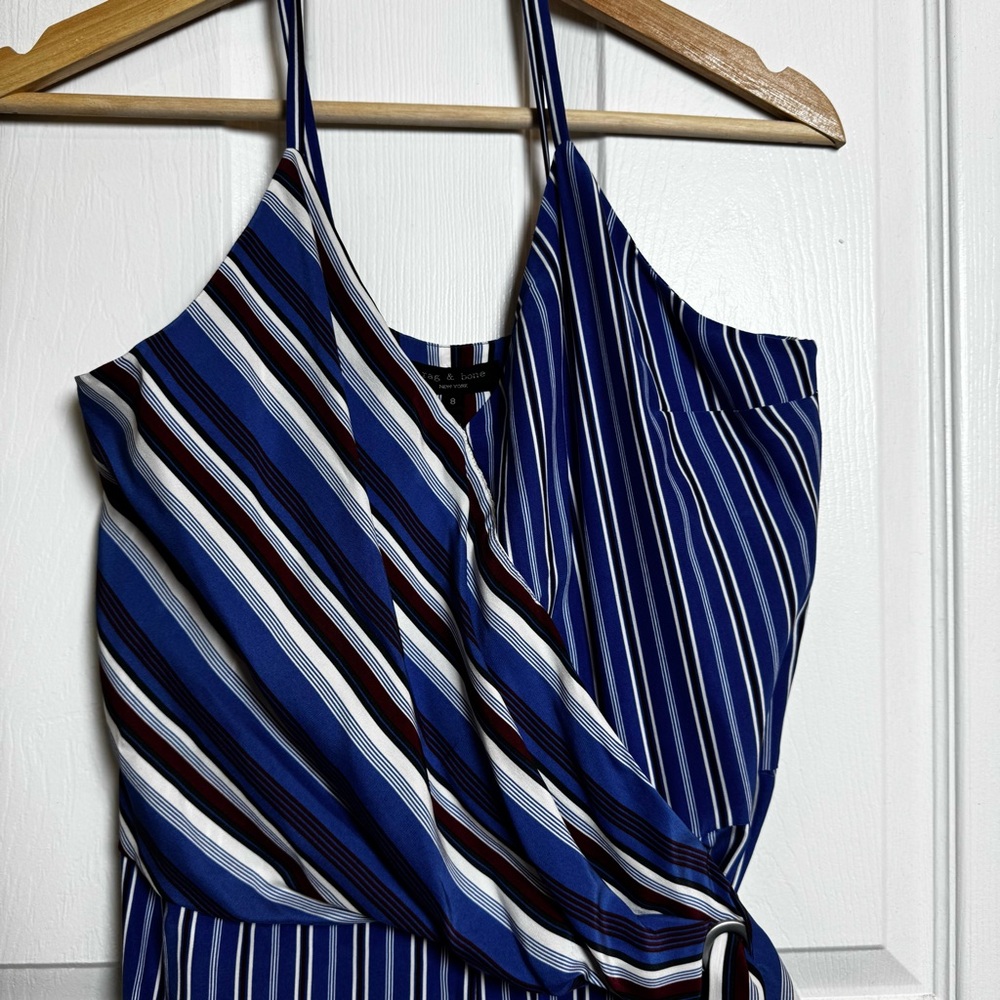 Rag & Bone Felix Silk Striped Wrap Jumpsuit Size 8 Blue Red Wide Leg Pockets - Picture 4 of 12